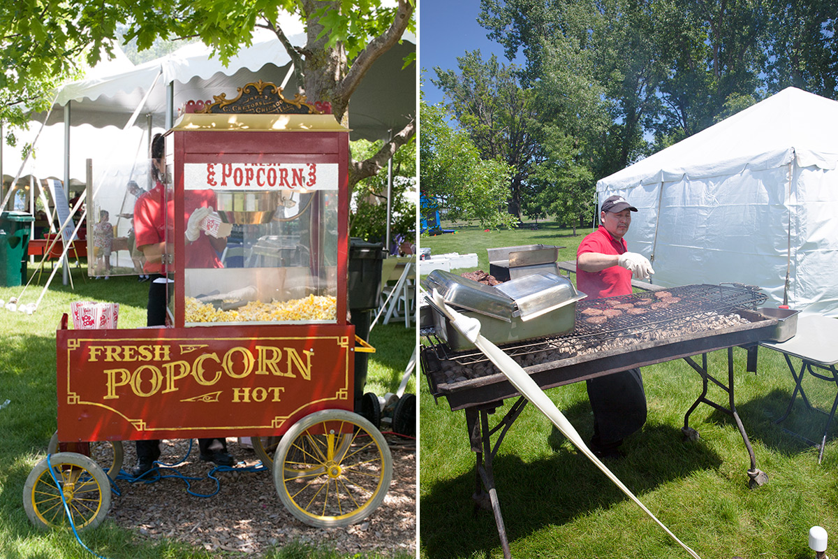 Pop corn and hamburger/hot dog stations